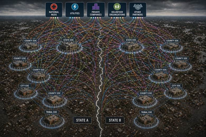 Dense, chaotic visualization of a multi-state disaster coordination network. Five national organization categories at top connect via hundreds of colored lines to EOCs across two states, with small human figures at each EOC representing liaison staff. The visual density of crossing lines conveys the overwhelming scale of the staffing requirement.